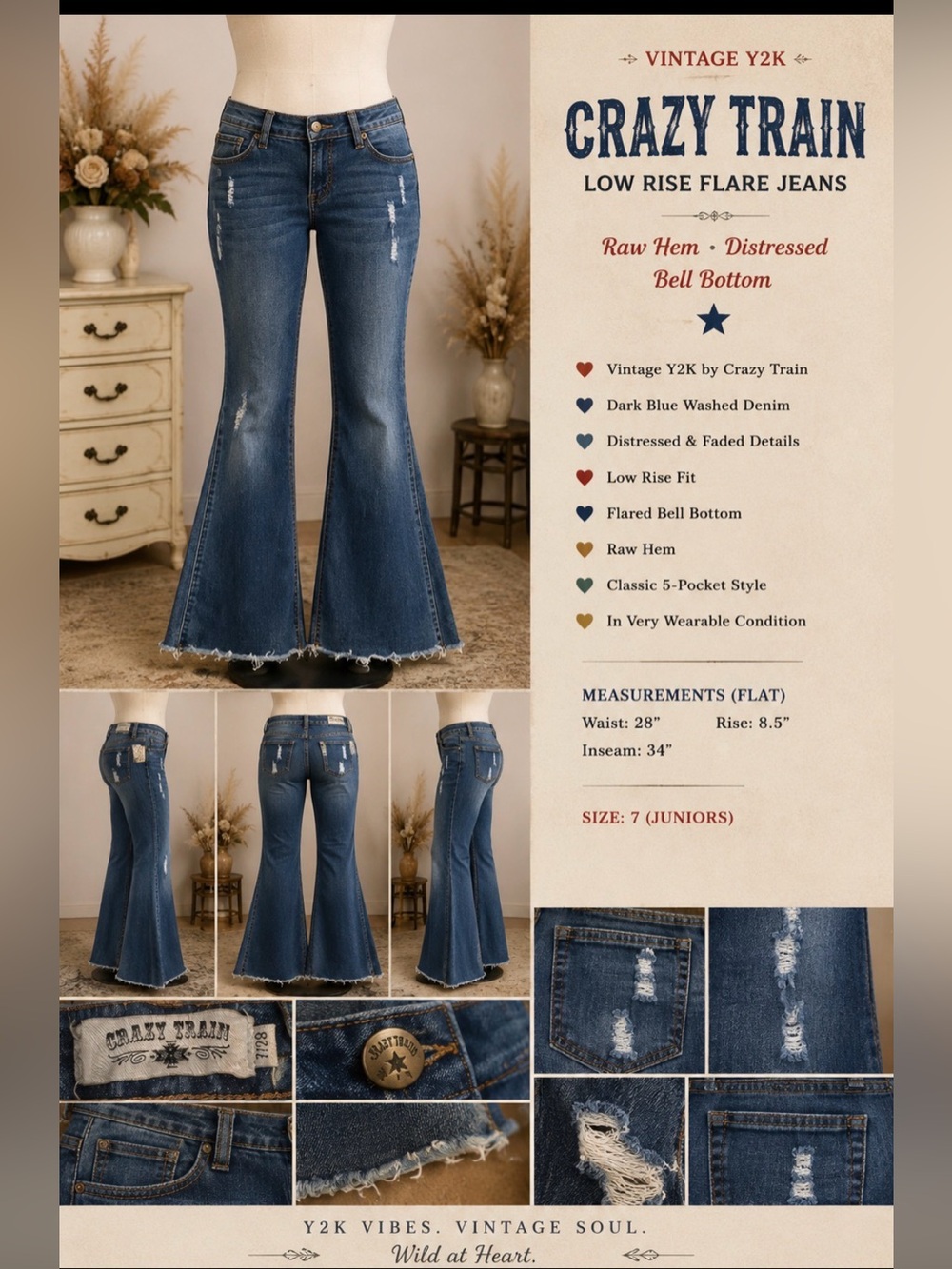 Y2K does 70’s -Crazy Train -Dark Blue distressed Flare Jeans